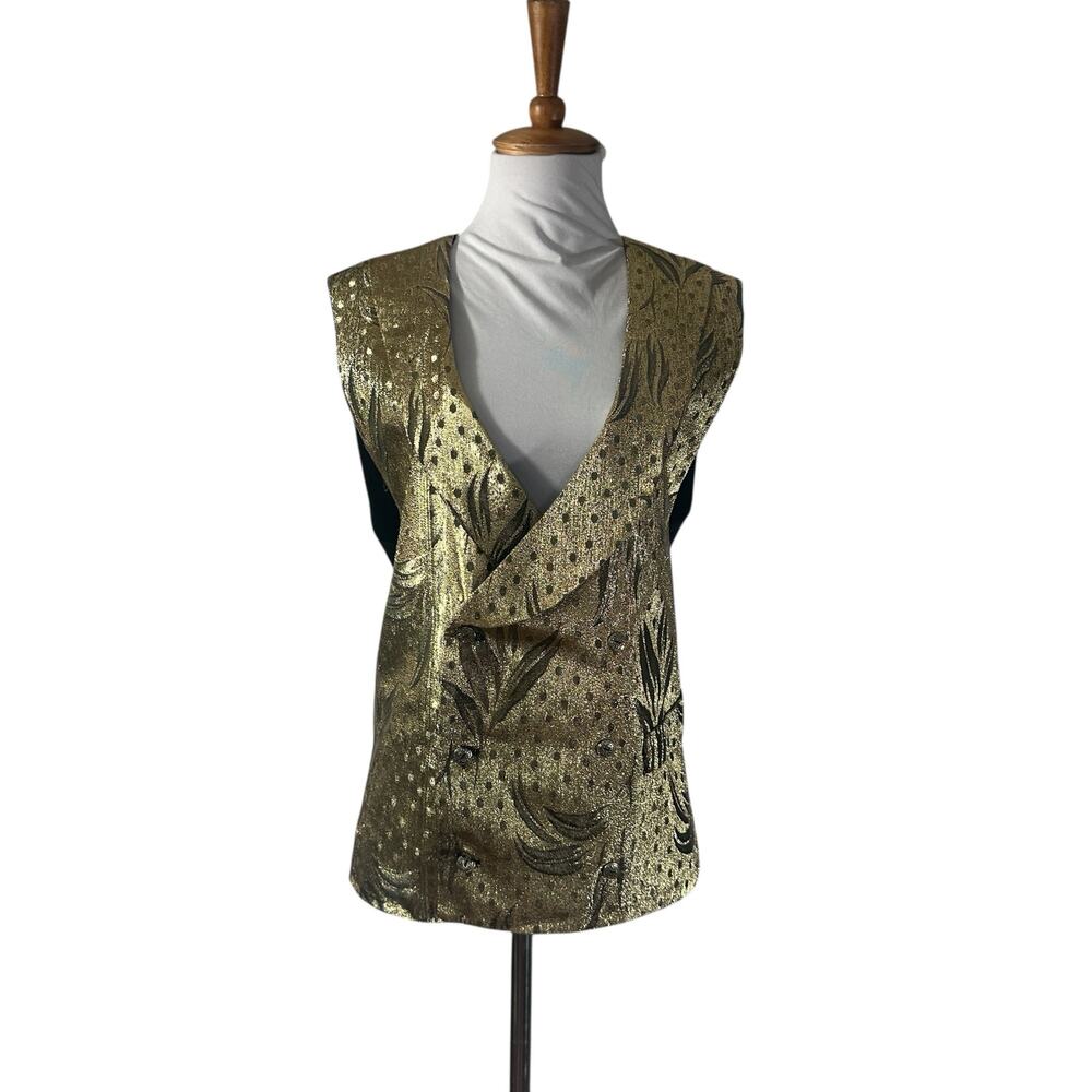 Vintage 80s Gold Metallic Lamé Brocade Custom Made Cocktail Vest L XL - Picture 2 of 9